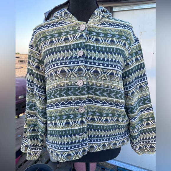 YUVITA Sweaters - YUVITA WOMENS MEDIUM Green and Blue Patterned Button-Up Jacket